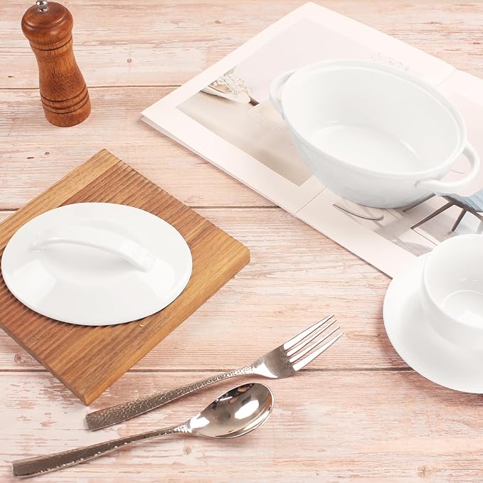 Oval Casserole Dish 23.7 oz, French Onion Soup Ceramic French Serving Soup Tureen Set, Set of 2 Ceramic Mini Cocotte Set, Baking Dish with Lids and Handles, Microwave Dishwasher Oven Safe