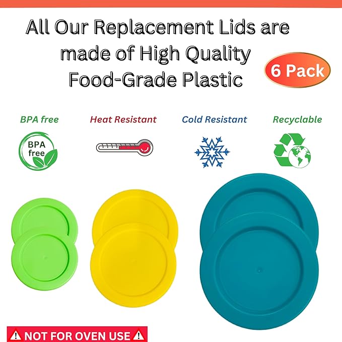 2, 4 & 7 Cup Spring Green, Yellow, Turquoise Replacement Lids/Covers for Pyrex, Anchor Hocking & KlareWare Storage Bowls *Lids Only Glass Container Not Included* (6 Pack *Two of Each Size*)