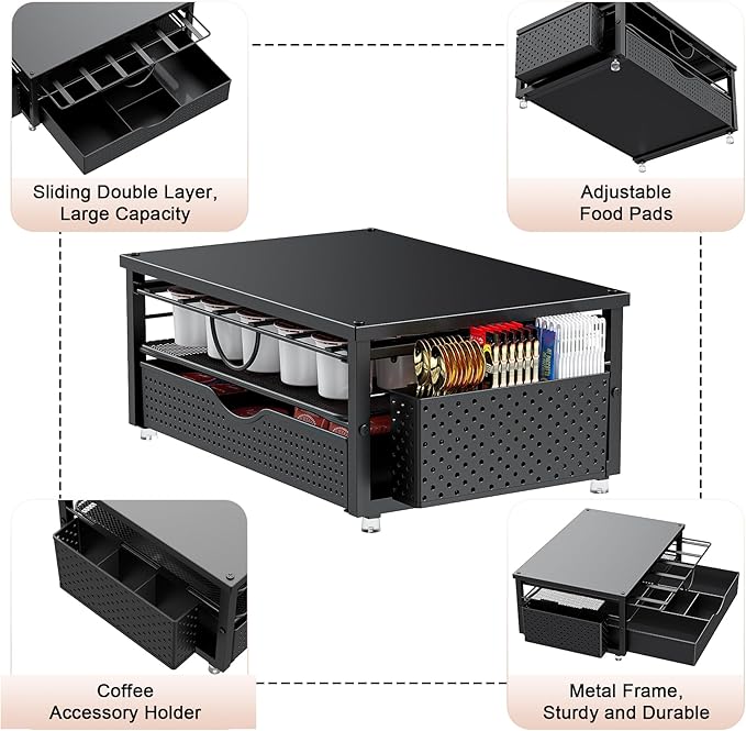 K Cup Holder, Coffee Pod Holder with 2 Tier Sliding Storage Drawer and 1 Hanging Basket for 51 Large or 73 Small Capsule,K Cup Coffee Station Organizer Accessories for Counter,Home,Office,Kitchen