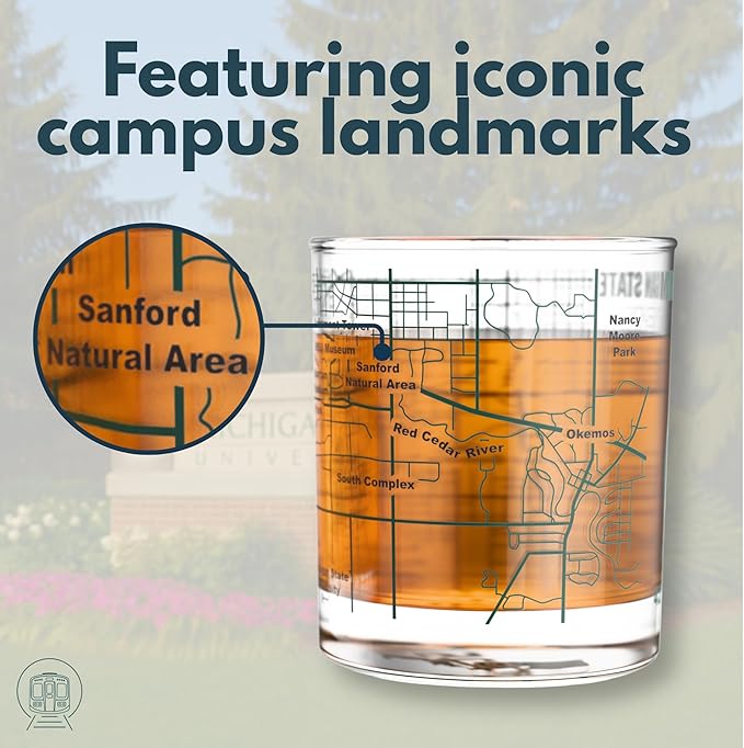 Greenline Goods – Michigan State University Spartans College Whiskey Glasses (Set of 2), 10 oz – Full-Color Logo + Campus Map