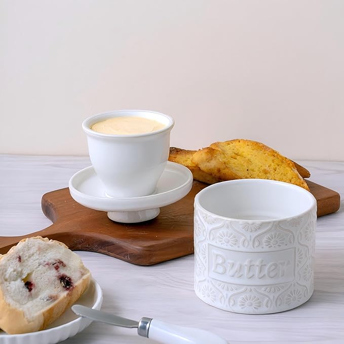 Ceramic Butter Crock with Lid, French Butter Dish with Water Line for Countertop, Butter Keeper for Spreadable Butter, Container Holder for Kitchen and Home Decor, 6.7 OZ, Vintage White