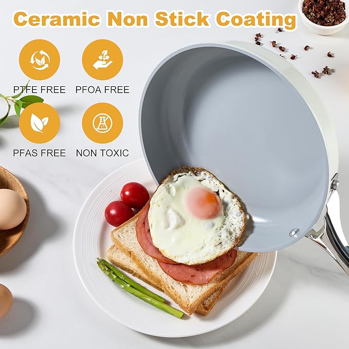 Non Stick Frying Pan, 8" Ceramic Skillet, Non Toxic Omelette Egg Pan, PFAS & PTFE & PFOA Free with Stainless Steel Handle, Dishwasher & Oven Safe, White