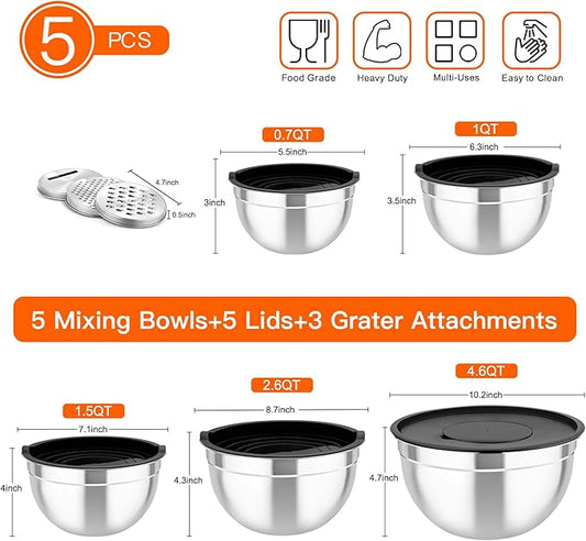 TeamFar Mixing Bowls with Airtight Lids, 5PCS Stainless Steel Metal Salad Bowl with 3 Grater Attachments, for Cooking, Prepping, Serving, Healthy & Easy Clean - 0.7/1/1.5/2.6/4.6QT, Black