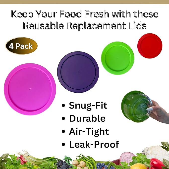 1, 2, 4 & 7 Cup Red, Spring Green, Purple Pink Replacement Lids/Covers for Pyrex, Anchor Hocking & KlareWare Storage Bowls *Lids Only Glass Container Not Included* (4 Pack *One of Each Size*)
