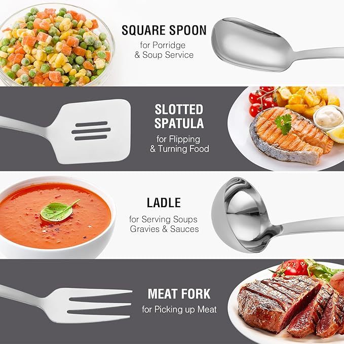 Stainless Steel Serving Utensils Set, 7Pcs Small Kitchen Utensils Set, Small Utensils for Serving, Ladle, Slotted Spatula, Meat Fork, Slotted Spoon, Cake Server, Solid Spoon, Square Spoon