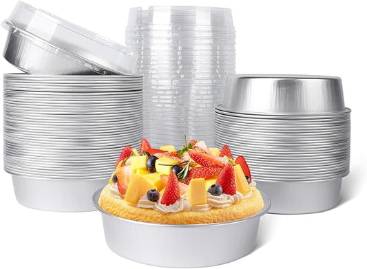 Beasea Mini Ramekins with Lids, 50 Pack 4 Inch 8oz Disposable Aluminum Foil Cake Baking Tins Pans Creme Brulee Tart Pie Tins Silver Small Individual Round Containers Oven Safe for Baking