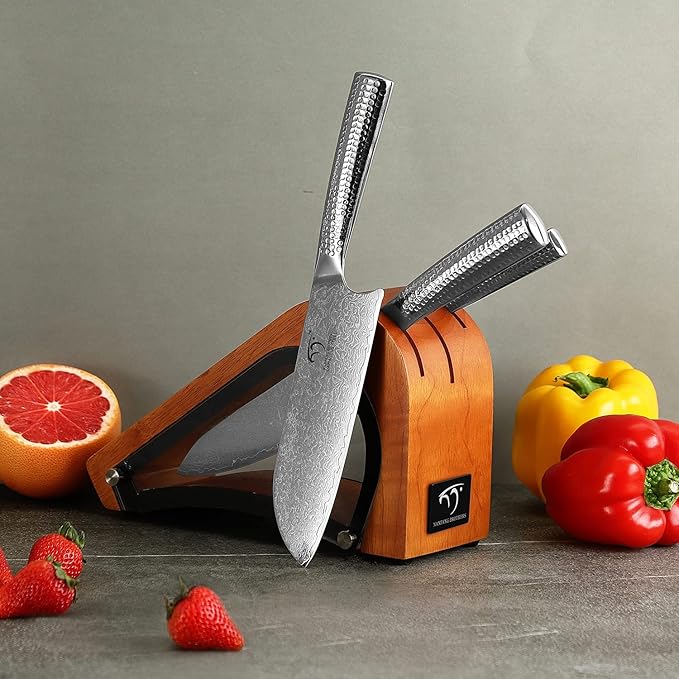 4 Pieces Damascus Kitchen Knife Set With Block - 8" Chef, 7" Santoku, 3.5" Paring, 3 Slots Natural Wood Block, 67 Layer Handmade Damascus VG10 Steel Core, Hammered Ergonomic Handle