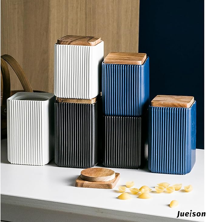 Ceramic Storage Jars Modern Elegant Polished Airtight Gorgeous Storage Canisters with Wooden Lid Small Food Stroage Jar for Kitchen Spice Tea Vanilla Sugar Coffee Beans (Black,Small size,13cm*10cm)