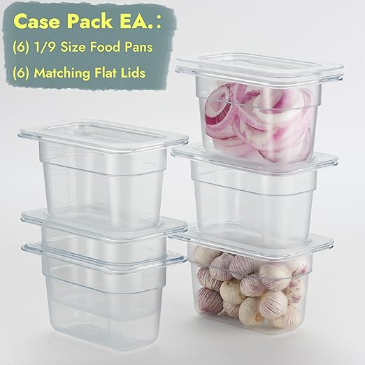 CURTA 6-Pack 1/9 Size 4" Deep NSF Polycarbonate Food Pans with Handled Lids | Dishwasher & Freezer Safe Clear Container for Prep Tables, Buffet, Salad Bar, Commercial Kitchen