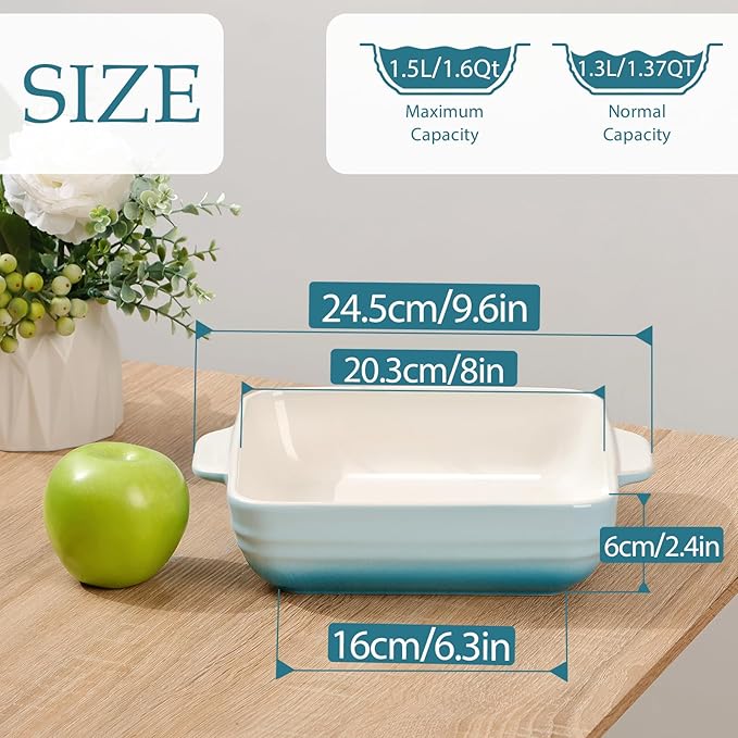 NUTRIUPS 8x8x2.4 inch Square Baking Dish, 50 Oz /1.6 Qt Ceramic Baking Pan with Handles, Casserole Dish for Oven, Porcelain Bakeware (Gradient Blue)