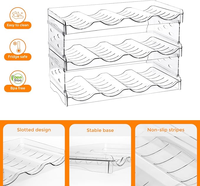 BoxedHome Plastic Water Bottle Organizer and Wine Rack Storage Holder for Inside Cabinet, Kitchen Countertop, Table Top, Pantry, Bars, Cabinets, Fridge - Clear (3 Tier 12 Containers)