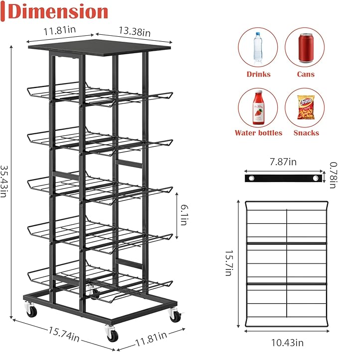 smusei Water Bottle Organizer 5 Tier Metal Water Bottle Storage Rack with Lockable Wheels Bottled Water Holder for Floor, Mobile Beverage Drink Stand Soda Can Shelf for Kitchen, Living Room, Office