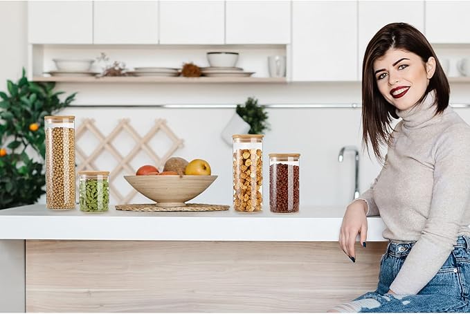 12 Pcs Glass Storage Jars with Wooden Lids, 4 Sizes Food Storage Containers Clear Stackable Canisters Airtight Glass Jars for Candy Cookie, 3.4''x4'', 6'', 7.9'', 9.8''