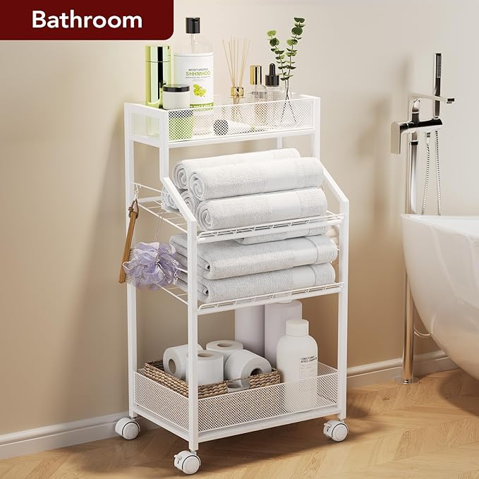 Can Organizer for Pantry - Rolling Snack Cart, Multi-Layer Soda Can Organizer for Pantry, Mobile Beverage Storage Rack with Wheels, Versatile Metal Shelf for Kitchen and Office, White