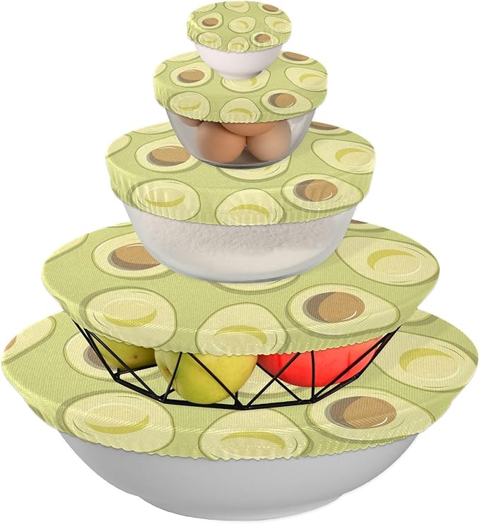 5 Pcs Bowl Covers Reusable in 5 Size Elastic Food Cover Cloth Lids Fresh Keeping Dish Cookware Bakeware Fabric Covers Lids for Food Leftovers Fruits Storage Green Avocado Fruit