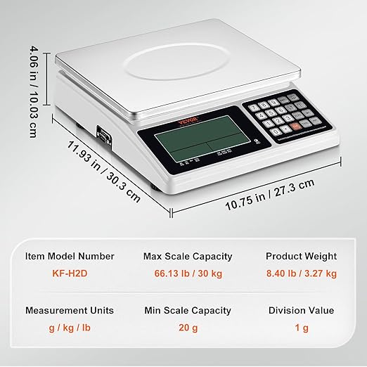 VEVOR Industrial Counting Scale, 30 kg x 1 g, Digital Scale for Parts and Coins, g/kg/lb Units, Electronic Gram Scale Inventory Counting Scale Kitchen Jewelry Scale with RS232 Port and LCD Screen
