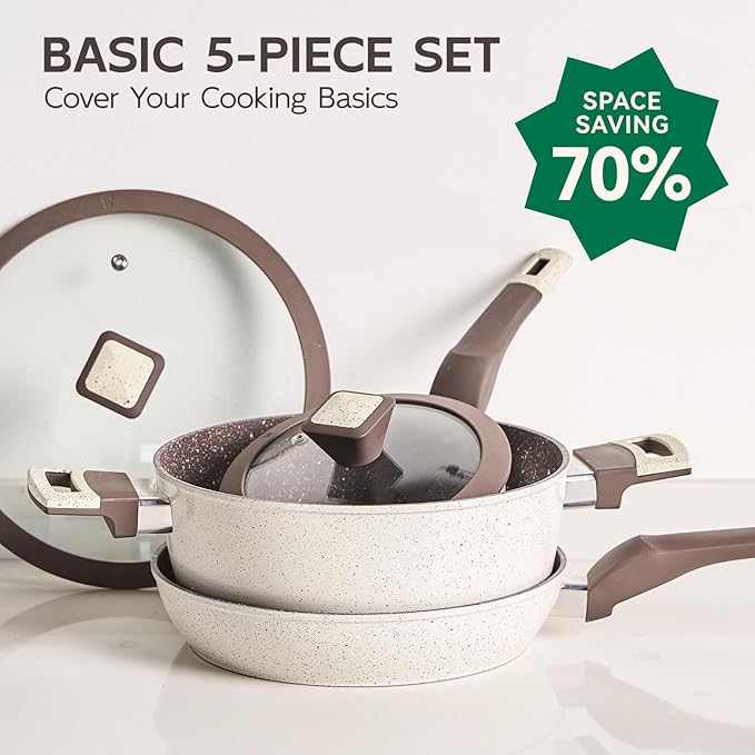 Pots and Pans Set Non Stick, 5Pcs Ceramic Cookware Set, Healthy Non-toxic Induction Cookware with Stay-Cool Handle, Basic Kitchen Utensils Set PFAS-Free