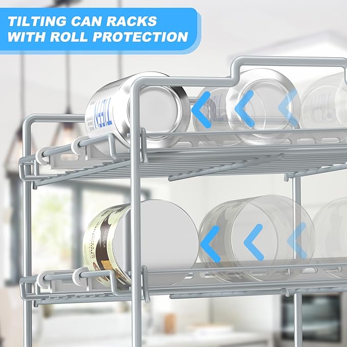 4 Tiers Stackable Can Rack Organizer, Wear-resistant Upgrade Beverage Food Can Dispenser Holder Holds up to 48 Cans for Kitchen Cabinet and Pantry (Silver)