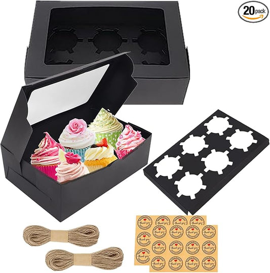 20 PCS Bakery Cupcake Boxes with Window & Inserts, Cupcake Carrier Containers 6 Holders Standard Cupcakes, Paper Muffin Boxes Treat Gift Boxes for Mini Cake, Cookies, Dessert, Pastry (Black)