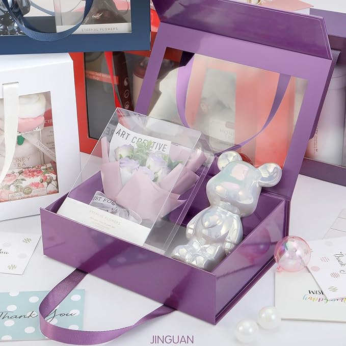 Purple Gift Box with Window, Gift Box with Lid and Handle, Clear Magnetic Gift Box for Present, Bridesmaid Proposal Box (10.5x7.5x3 Inches