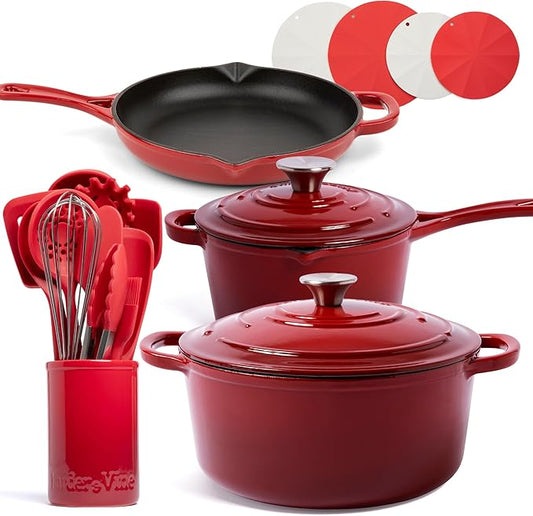 Larder & Vine 21 Piece Cookware Set (Cabernet) | Dutch Oven, Utensil Set, Saucepan, Skillet, and Trivets