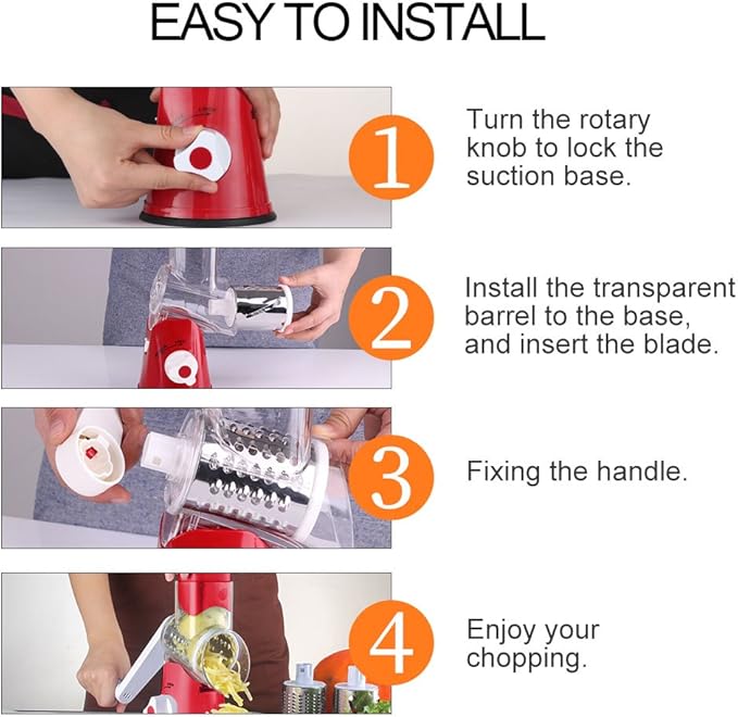 Ourokhome Rotary Cheese Grater Hand Crank, Kitchen Shredder Speed Mandolin Slicer Nut Grinder with Handle and Drum Blades for Cheese, Vegetable, Walnut, Chocolate, Potato, Carrot, 3 Blades, Red