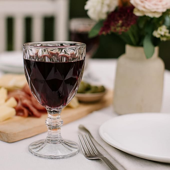 Beille Set of 6 Clear Carved Goblet Water Glasses Home Decor Entertaining Essentials Glassware, 10oz