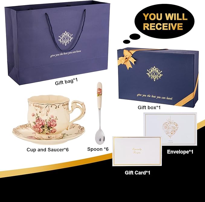 YOLIFE Tea Cups and Saucers Set of 6, Ivory Porcelain Tea Cups Set with Stand, Rose with Gold Leaves Trim Design, Gift for Women (Includes Gift Box, Tote Bag, Greeting Card)