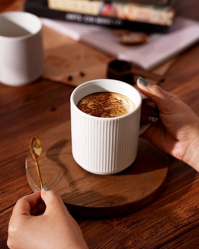 famiware Coffee Mug Set for 4, Star 12 oz Catering Mugs Cup Set with Handle for Coffee, Tea, Cocoa, Milk - Ceramic Stoneware Drinkware Set, Matte White