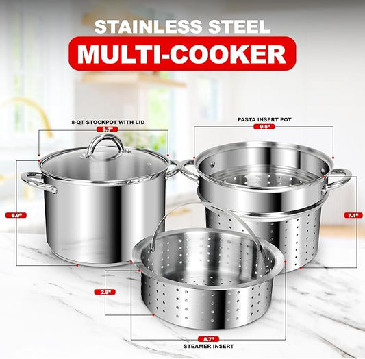 Culinary Edge Stainless Steel 8-Quart Nonstick 4-Piece Multi-Cooker with Steamer and Pasta Pot Cookware Set