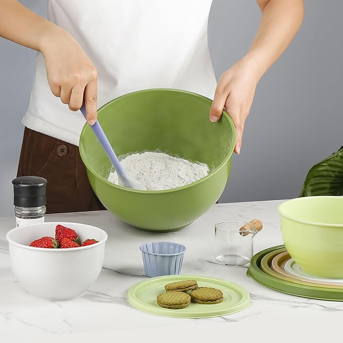 5-Piece Plastic Mixing Bowls with Lids Set for Kitchen, Nesting Bowls for Mixing, Baking, Prepping, Cooking and Serving Food, Mixing Bowls Dishwasher, Microwave Safe (5 Set-Green)