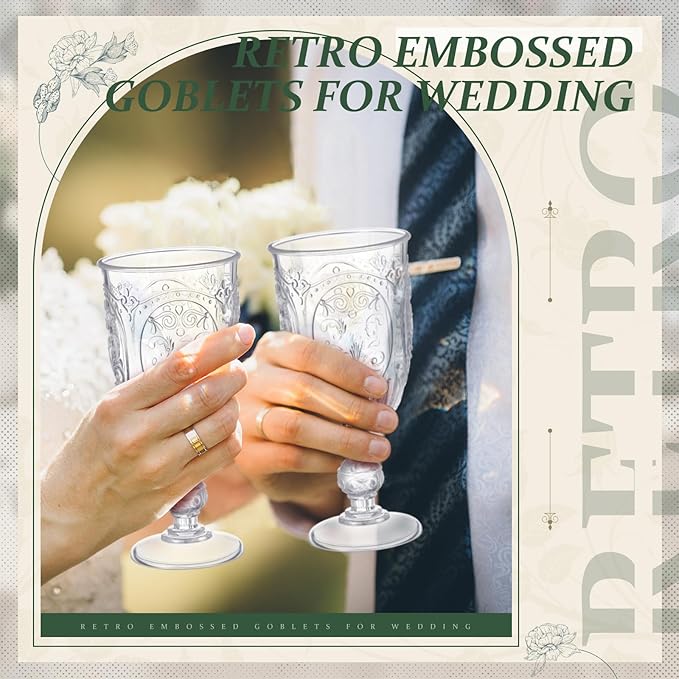 6 Pcs Plastic Goblets 7.5oz Vintage Goblet Plastic Wine Glasses Colored Retro Embossed Water Goblets for Wine Bar Juice Baby Shower Wedding Reception Grand Event Party (Clear)