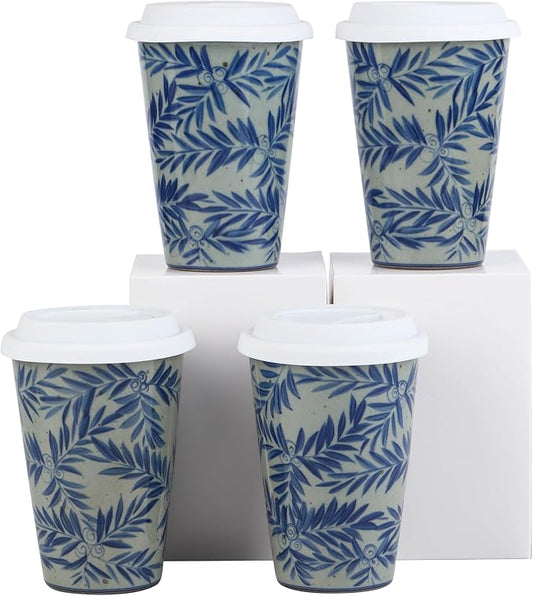 14 oz ceramics Handmade blue and white Retro Coke cups coffee tea set of 4 china Coffee Mugs for Tea, Milk,Dishwasher and Microwave Safe，Free gift soft silicone cover and gift box