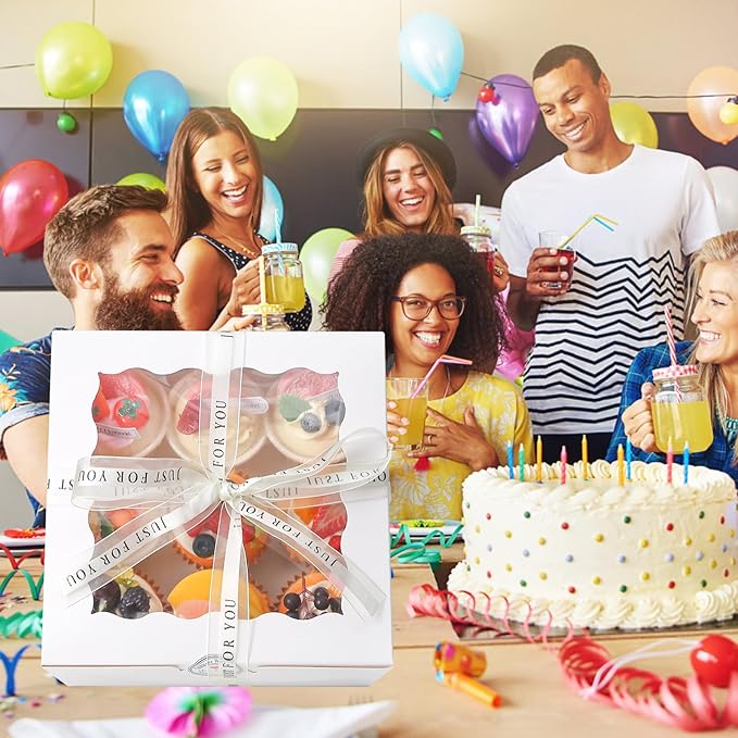 28 Pack cake boxes 9x9x5Inch Cake Boxes Bakery Boxes with Window for postres, Cookies, Donuts, Chocolate Covered Strawberries. (White, 995inch/28pcs)