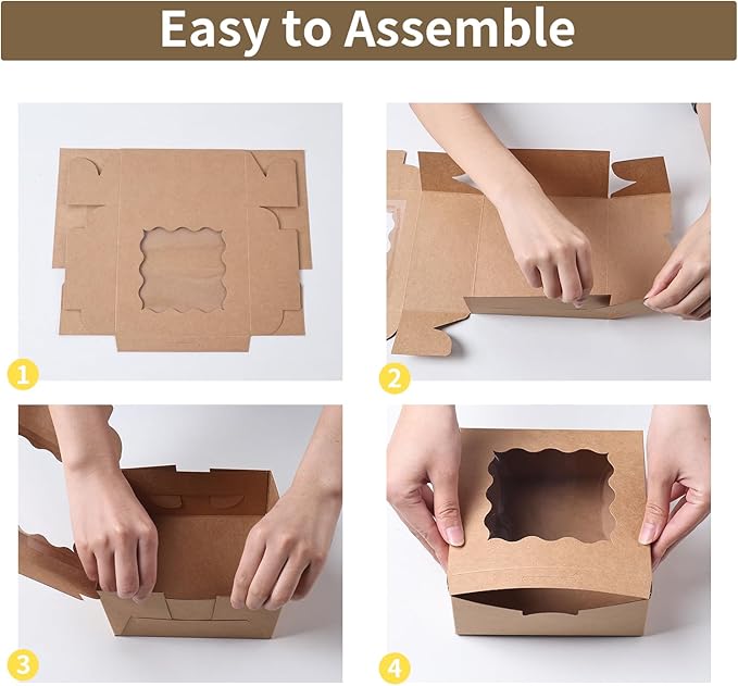 36 pcs 6x6x3 Inches Small Cake Box with Window, Bakery Pastry Cookie Boxes, Mini Pie for Pastry,Dessert,Strawberries,Chocolates, Cupcakes with paper stickers (Brown)