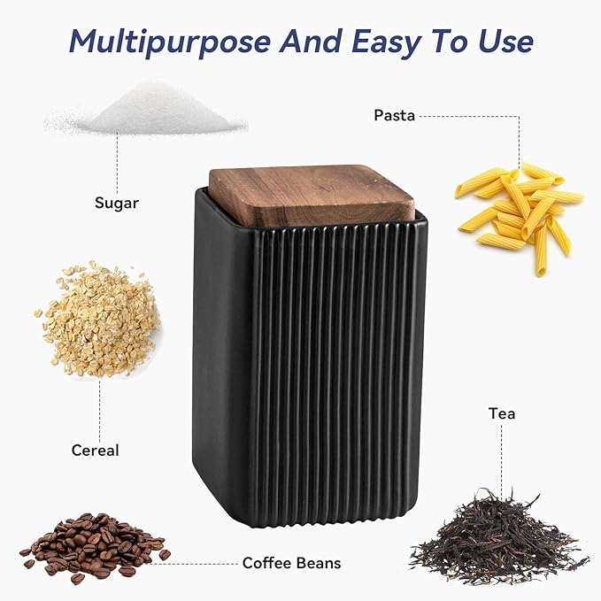 Ceramic Storage Jars Modern Elegant Polished Airtight Gorgeous Storage Canisters with Wooden Lid Small Food Stroage Jar for Kitchen Spice Tea Vanilla Sugar Coffee Beans (Black,Small size,13cm*10cm)