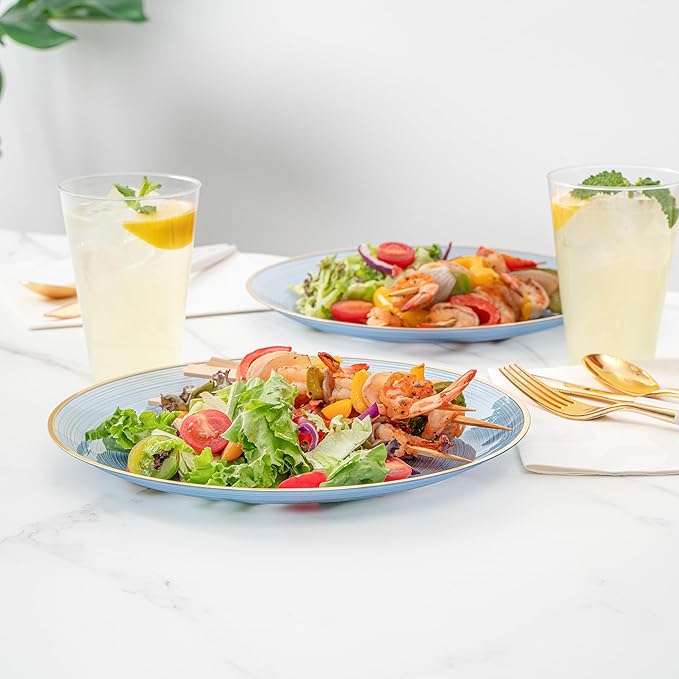 Restaurantware Plastic Plates 20 Pcs 10" Gold Rimmed Disposable Plates Heavy-Duty Blue Translucent Rippled Plastic Dinner Servers for Party, Weddings, Salads, Desserts, and Appetizers