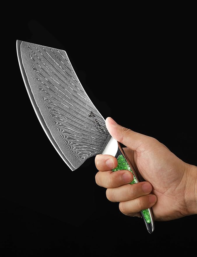 7 inch Nakiri Knife, Japanese VG-10 Damascus Steel Meat Cleaver, Ultra Sharp Vegetable Knife with Full-tang Handle in Green Resin, LA-S9 Series