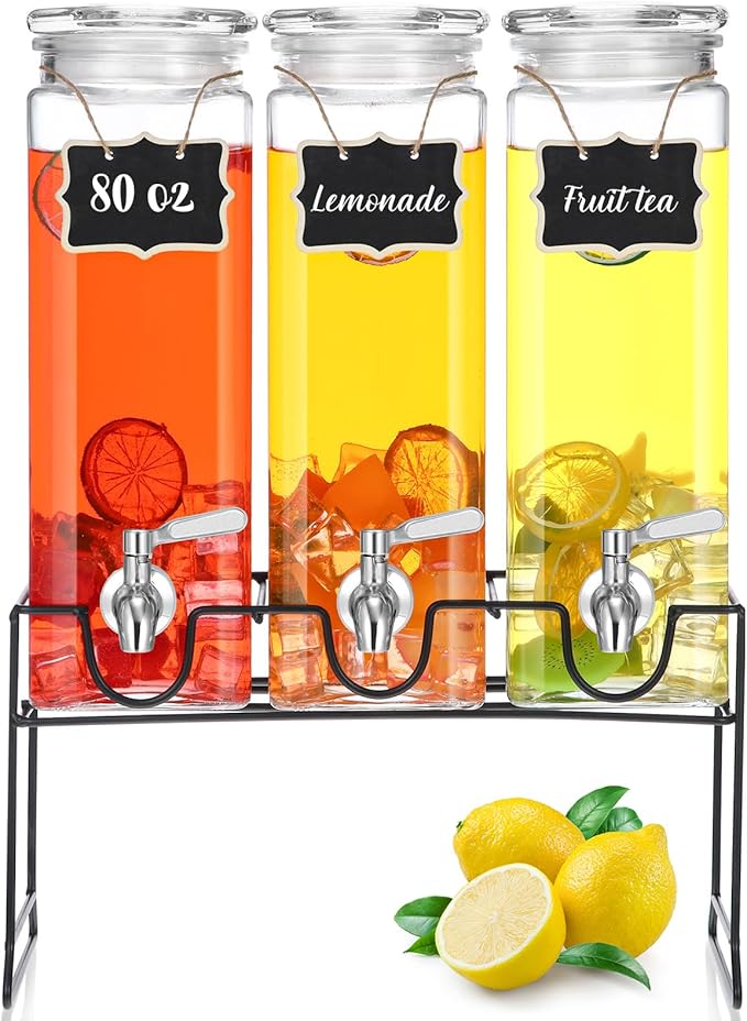 3 Pack 80 oz Tall Glass Drink Dispenser with Stand, Lid, Label and Stainless Steel Leakproof Spigot Beverage Water Dispenser Clear Mason Jar for Party Fridge(Square)