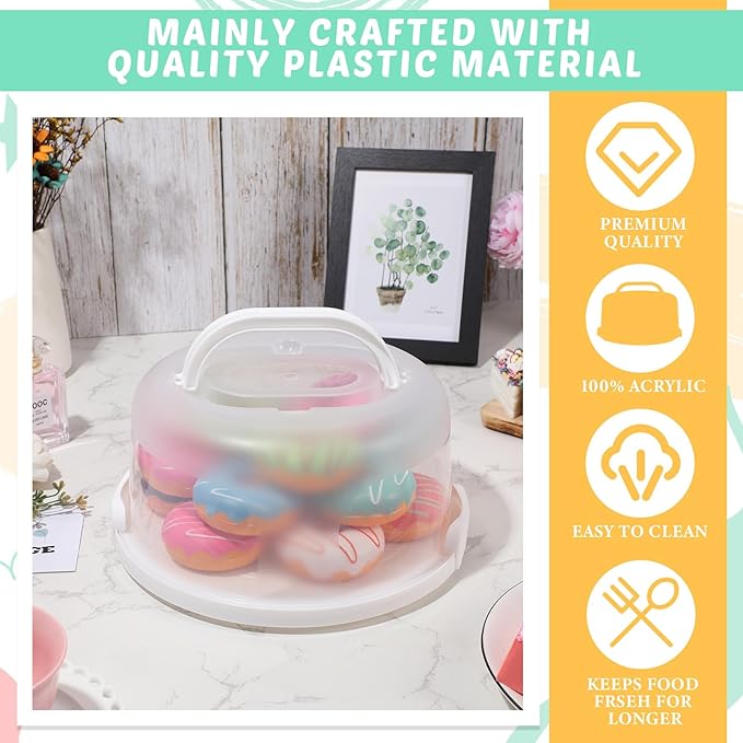 Baderke 2 Pcs Cake Carrier with Lid 10''/ 8'' Cake Holder Plastic Stand with Lid Handle Round Container Portable Carrier with Cover Boxes for Cupcake Pie Serving Transport(White)