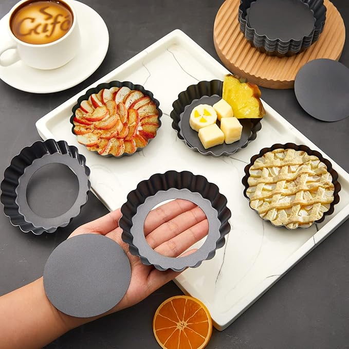 Patelai 24 Pieces Mini Tart Pans 4 Inch with Removable Bottom Round Nonstick Quiche Pan Fluted Sided Small Tart Tins Mold for DIY Kitchen Baking Pies, Tartlets, Mousse Cakes, Muffins, Fruit, Desserts
