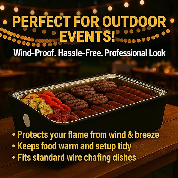 Chafer Wind Guard by Merchlio- 4 Pack | Handle Covered Chafer Dish Covers | Fitted, Washable & Elegant Buffet Decor | Functional Catering Wind Guard | Black