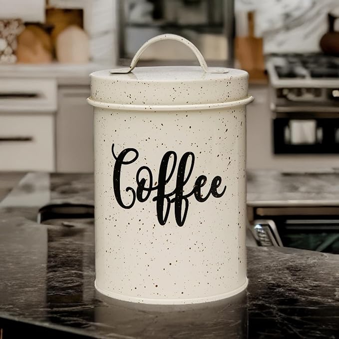 Amici Home Maddox Metal Coffee Canister | Dry Food Storage Container | Speckled Cream Canister for Kitchen Countertop | Storage Jar for Coffee with Handle | 44 Oz