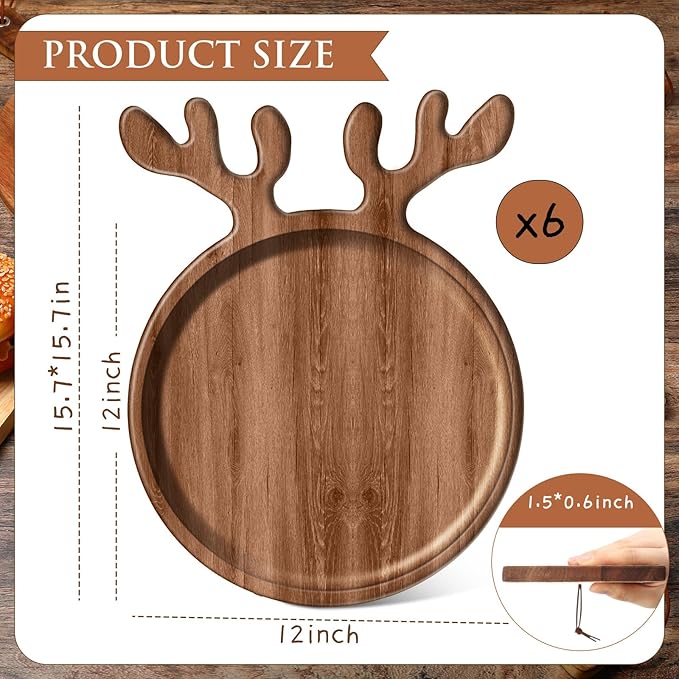 6 Pcs Christmas Appetizer Platter 12 Inch Christmas Cutting Board Acacia Serving Trays Wood Charcuterie Board Tray Snack Dessert Candy Dish Plate for Kitchen Gifts(Deer Antle)