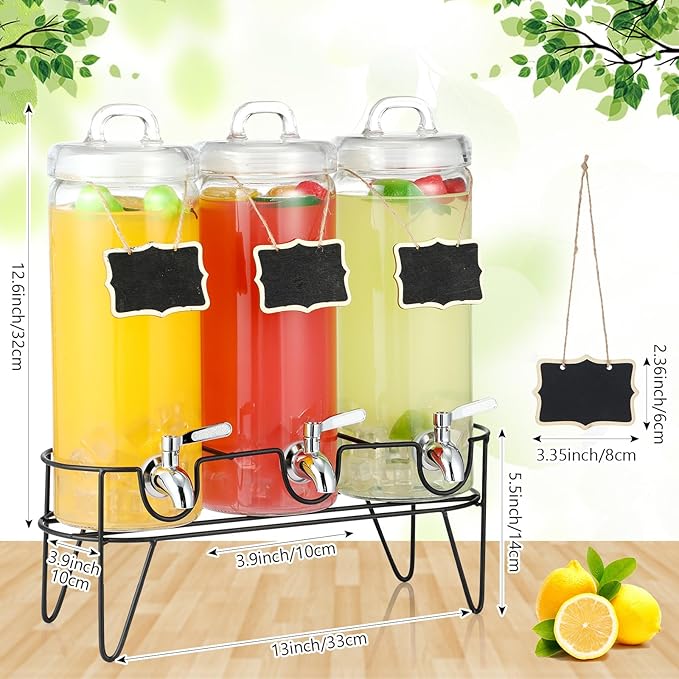 3 Pack 80 oz Tall Glass Drink Dispenser with Stand, Lid, Label and Stainless Steel Leakproof Spigot Beverage Water Dispenser Clear Mason Jar for Party Fridge(Round)