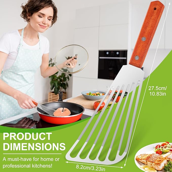 2 PCS Fish Spatula Stainless Steel, Upgraded Version Wooden Handle Fish Spatula, Polished Metal Slotted Turner For Flipping Fish, Omelets, Crepes, Steaks, and Hamburgers