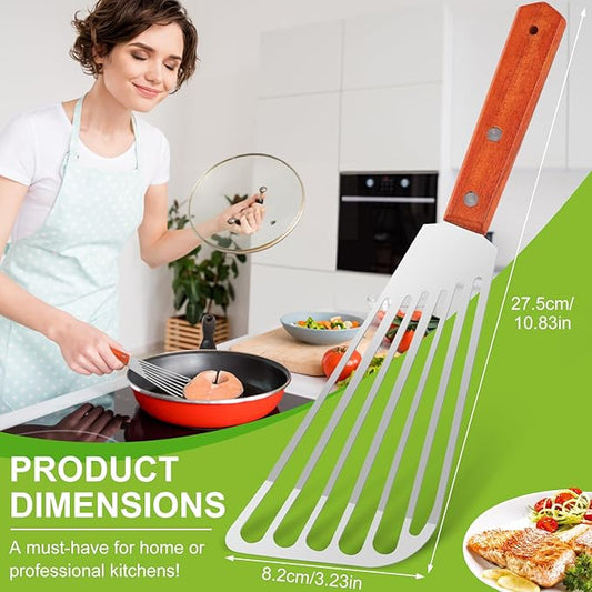 2 PCS Fish Spatula Stainless Steel, Upgraded Version Wooden Handle Fish Spatula, Polished Metal Slotted Turner For Flipping Fish, Omelets, Crepes, Steaks, and Hamburgers