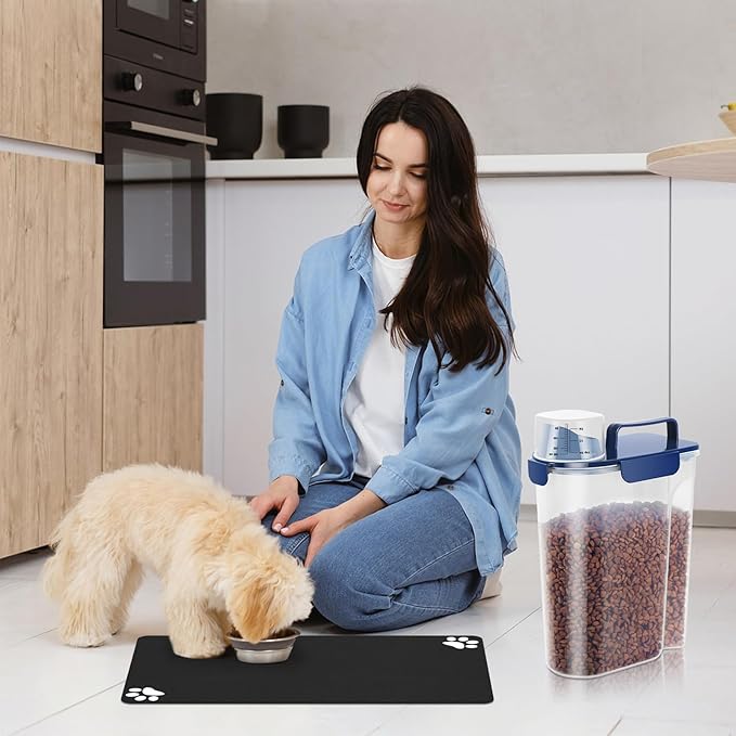 5-7Lbs Portable Airtight Dog Cat Food Container, Match Pet Feeding Mat Clean and Convenient, Making Food Less Messy, Translucent Storage Bin for Small Animal Kibble, Bird Seed, Oatmeal-Blue