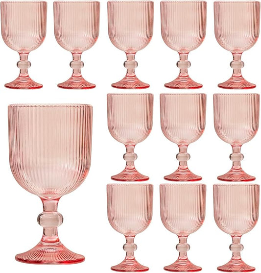 12 Pcs Pink Vintage Wine Glasses, 11 Ounces Colored Glass Water Goblets, Unique Embossed Pattern High Clear Stemmed Glassware Wedding Party Bar Glass Drinking Cups Fancy Glasses Set Hand Wash Only