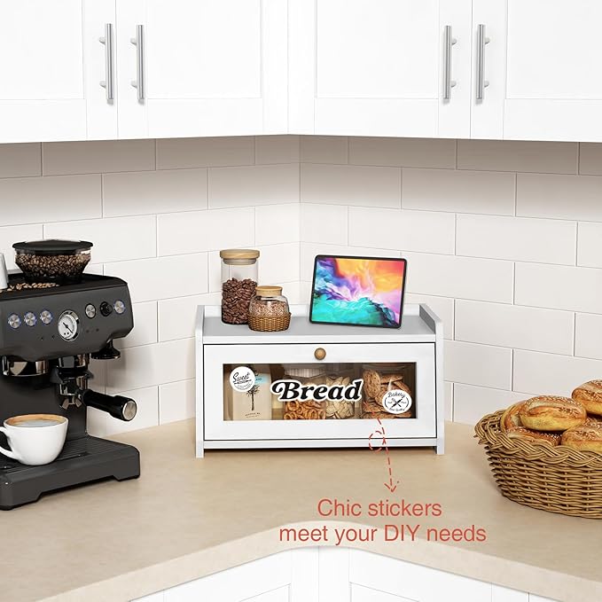 White Bread Box for Kitchen Countertop, Modern Counter Breadbox for Homemade Bread, Large Corner Bread Storage Container for Sourdough Loaf Organizers and Storage (White Bamboo Wood)